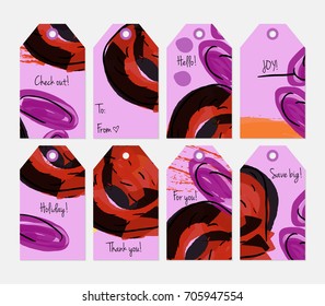 Hand drawn creative tags. Universal shopping, sales, advertising, price tags and product label templates isolated. Abstract artistic doodles. Roughly drawn bright trendy textures. Vector isolated