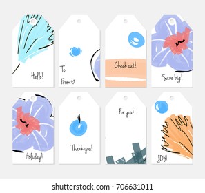 Hand drawn creative tags. Universal shopping, sales, advertising, price tags and product label templates isolated. Abstract artistic doodles. Roughly drawn bright trendy textures. Vector isolated