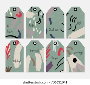 Hand drawn creative tags. Universal shopping, sales, advertising, price tags and product label templates isolated. Abstract artistic doodles. Roughly drawn bright trendy textures. Vector isolated