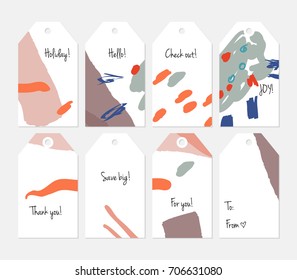 Hand drawn creative tags. Universal shopping, sales, advertising, price tags and product label templates isolated. Abstract artistic doodles. Roughly drawn bright trendy textures. Vector isolated