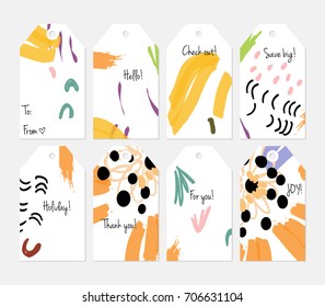 Hand drawn creative tags. Universal shopping, sales, advertising, price tags and product label templates isolated. Abstract artistic doodles. Roughly drawn bright trendy textures. Vector isolated