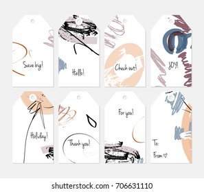 Hand drawn creative tags. Universal shopping, sales, advertising, price tags and product label templates isolated. Abstract artistic doodles. Roughly drawn bright trendy textures. Vector isolated