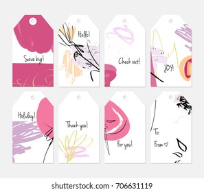 Hand drawn creative tags. Universal shopping, sales, advertising, price tags and product label templates isolated. Abstract artistic doodles. Roughly drawn bright trendy textures. Vector isolated