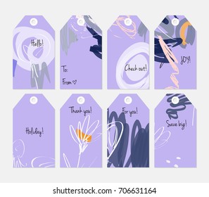 Hand drawn creative tags. Universal shopping, sales, advertising, price tags and product label templates isolated. Abstract artistic doodles. Roughly drawn bright trendy textures. Vector isolated