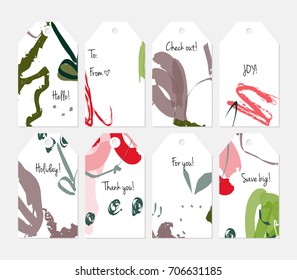Hand drawn creative tags. Universal shopping, sales, advertising, price tags and product label templates isolated. Abstract artistic doodles. Roughly drawn bright trendy textures. Vector isolated