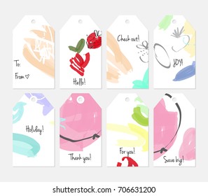 Hand drawn creative tags. Universal shopping, sales, advertising, price tags and product label templates isolated. Abstract artistic doodles. Roughly drawn bright trendy textures. Vector isolated