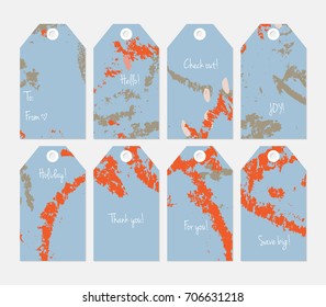 Hand drawn creative tags. Universal shopping, sales, advertising, price tags and product label templates isolated. Abstract artistic doodles. Roughly drawn bright trendy textures. Vector isolated
