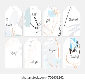 Hand drawn creative tags. Universal shopping, sales, advertising, price tags and product label templates isolated. Abstract artistic doodles. Roughly drawn bright trendy textures. Vector isolated