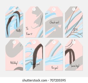 Hand drawn creative tags. Universal shopping, sales, advertising, price tags and product label templates isolated. Abstract artistic doodles. Roughly drawn bright trendy textures. Vector isolated