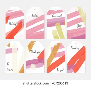 Hand drawn creative tags. Universal shopping, sales, advertising, price tags and product label templates isolated. Abstract artistic doodles. Roughly drawn bright trendy textures. Vector isolated
