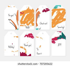 Hand drawn creative tags. Universal shopping, sales, advertising, price tags and product label templates isolated. Abstract artistic doodles. Roughly drawn bright trendy textures. Vector isolated