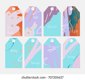 Hand drawn creative tags. Universal shopping, sales, advertising, price tags and product label templates isolated. Abstract artistic doodles. Roughly drawn bright trendy textures. Vector isolated