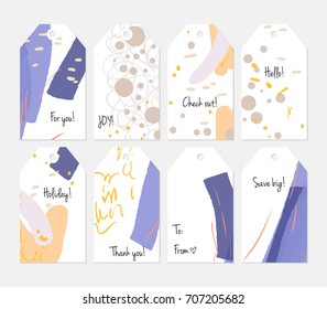 Hand drawn creative tags. Universal shopping, sales, advertising, price tags and product label templates isolated. Abstract artistic doodles. Roughly drawn bright trendy textures. Vector isolated