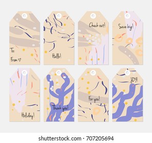 Hand drawn creative tags. Universal shopping, sales, advertising, price tags and product label templates isolated. Abstract artistic doodles. Roughly drawn bright trendy textures. Vector isolated