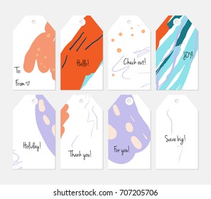 Hand drawn creative tags. Universal shopping, sales, advertising, price tags and product label templates isolated. Abstract artistic doodles. Roughly drawn bright trendy textures. Vector isolated
