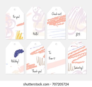 Hand drawn creative tags. Universal shopping, sales, advertising, price tags and product label templates isolated. Abstract artistic doodles. Roughly drawn bright trendy textures. Vector isolated