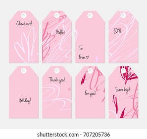 Hand drawn creative tags. Universal shopping, sales, advertising, price tags and product label templates isolated. Abstract artistic doodles. Roughly drawn bright trendy textures. Vector isolated