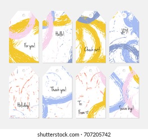Hand drawn creative tags. Universal shopping, sales, advertising, price tags and product label templates isolated. Abstract artistic doodles. Roughly drawn bright trendy textures. Vector isolated