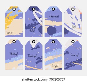 Hand drawn creative tags. Universal shopping, sales, advertising, price tags and product label templates isolated. Abstract artistic doodles. Roughly drawn bright trendy textures. Vector isolated