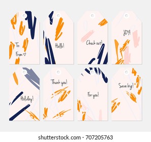 Hand drawn creative tags. Universal shopping, sales, advertising, price tags and product label templates isolated. Abstract artistic doodles. Roughly drawn bright trendy textures. Vector isolated