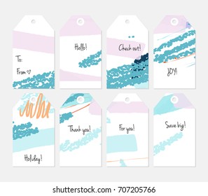 Hand drawn creative tags. Universal shopping, sales, advertising, price tags and product label templates isolated. Abstract artistic doodles. Roughly drawn bright trendy textures. Vector isolated