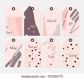 Hand drawn creative tags. Universal shopping, sales, advertising, price tags and product label templates isolated. Abstract artistic doodles. Roughly drawn bright trendy textures. Vector isolated