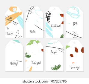 Hand drawn creative tags. Universal shopping, sales, advertising, price tags and product label templates isolated. Abstract artistic doodles. Roughly drawn bright trendy textures. Vector isolated
