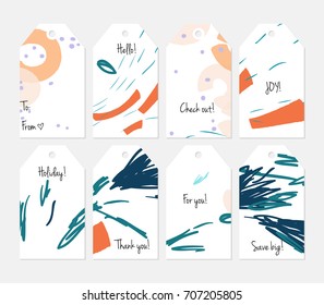 Hand drawn creative tags. Universal shopping, sales, advertising, price tags and product label templates isolated. Abstract artistic doodles. Roughly drawn bright trendy textures. Vector isolated
