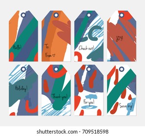 Hand drawn creative tags. Universal shopping, sales, advertising, price tags and product label templates isolated. Abstract artistic doodles. Roughly drawn bright trendy textures. Vector isolated