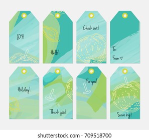 Hand drawn creative tags. Universal shopping, sales, advertising, price tags and product label templates isolated. Abstract artistic doodles. Roughly drawn bright trendy textures. Vector isolated