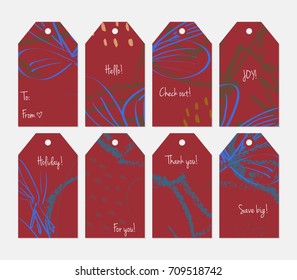 Hand drawn creative tags. Universal shopping, sales, advertising, price tags and product label templates isolated. Abstract artistic doodles. Roughly drawn bright trendy textures. Vector isolated