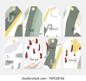 Hand drawn creative tags. Universal shopping, sales, advertising, price tags and product label templates isolated. Abstract artistic doodles. Roughly drawn bright trendy textures. Vector isolated