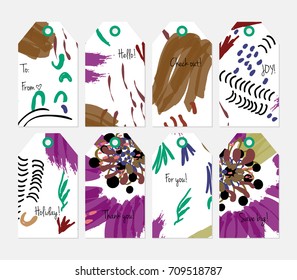 Hand drawn creative tags. Universal shopping, sales, advertising, price tags and product label templates isolated. Abstract artistic doodles. Roughly drawn bright trendy textures. Vector isolated