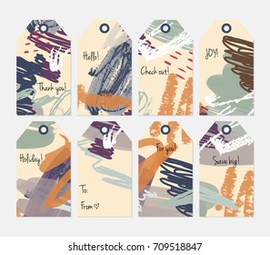 Hand drawn creative tags. Universal shopping, sales, advertising, price tags and product label templates isolated. Abstract artistic doodles. Roughly drawn bright trendy textures. Vector isolated