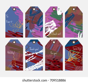 Hand drawn creative tags. Universal shopping, sales, advertising, price tags and product label templates isolated. Abstract artistic doodles. Roughly drawn bright trendy textures. Vector isolated