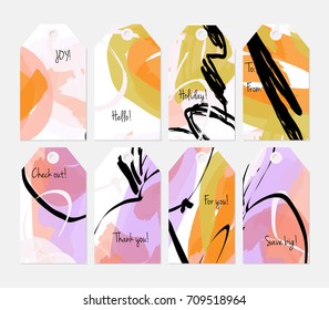 Hand drawn creative tags. Universal shopping, sales, advertising, price tags and product label templates isolated. Abstract artistic doodles. Roughly drawn bright trendy textures. Vector isolated
