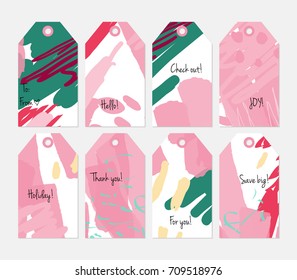 Hand drawn creative tags. Universal shopping, sales, advertising, price tags and product label templates isolated. Abstract artistic doodles. Roughly drawn bright trendy textures. Vector isolated