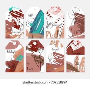 Hand drawn creative tags. Universal shopping, sales, advertising, price tags and product label templates isolated. Abstract artistic doodles. Roughly drawn bright trendy textures. Vector isolated