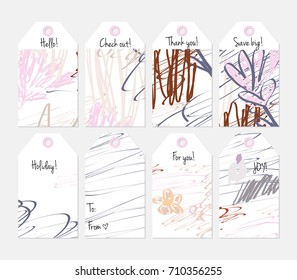 Hand drawn creative tags. Universal shopping, sales, advertising, price tags and product label templates isolated. Abstract artistic doodles. Roughly drawn bright trendy textures. Vector isolated