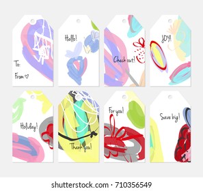 Hand drawn creative tags. Universal shopping, sales, advertising, price tags and product label templates isolated. Abstract artistic doodles. Roughly drawn bright trendy textures. Vector isolated