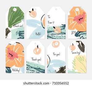 Hand drawn creative tags. Universal shopping, sales, advertising, price tags and product label templates isolated. Abstract artistic doodles. Roughly drawn bright trendy textures. Vector isolated