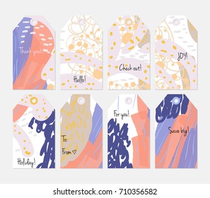 Hand drawn creative tags. Universal shopping, sales, advertising, price tags and product label templates isolated. Abstract artistic doodles. Roughly drawn bright trendy textures. Vector isolated