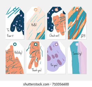 Hand drawn creative tags. Universal shopping, sales, advertising, price tags and product label templates isolated. Abstract artistic doodles. Roughly drawn bright trendy textures. Vector isolated