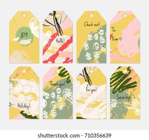 Hand drawn creative tags. Universal shopping, sales, advertising, price tags and product label templates isolated. Abstract artistic doodles. Roughly drawn bright trendy textures. Vector isolated
