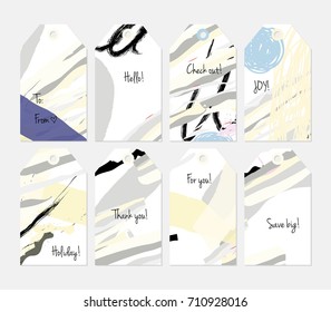 Hand drawn creative tags. Universal shopping, sales, advertising, price tags and product label templates isolated. Abstract artistic doodles. Roughly drawn bright trendy textures. Vector isolated