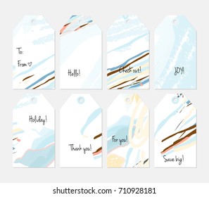 Hand drawn creative tags. Universal shopping, sales, advertising, price tags and product label templates isolated. Abstract artistic doodles. Roughly drawn bright trendy textures. Vector isolated