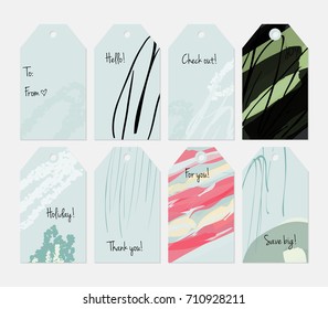 Hand drawn creative tags. Universal shopping, sales, advertising, price tags and product label templates isolated. Abstract artistic doodles. Roughly drawn bright trendy textures. Vector isolated