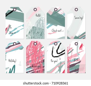 Hand drawn creative tags. Universal shopping, sales, advertising, price tags and product label templates isolated. Abstract artistic doodles. Roughly drawn bright trendy textures. Vector isolated