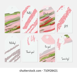 Hand drawn creative tags. Universal shopping, sales, advertising, price tags and product label templates isolated. Abstract artistic doodles. Roughly drawn bright trendy textures. Vector isolated