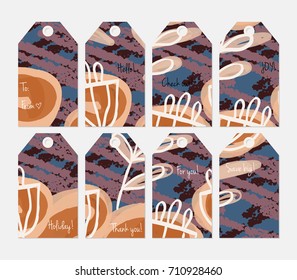 Hand drawn creative tags. Universal shopping, sales, advertising, price tags and product label templates isolated. Abstract artistic doodles. Roughly drawn bright trendy textures. Vector isolated